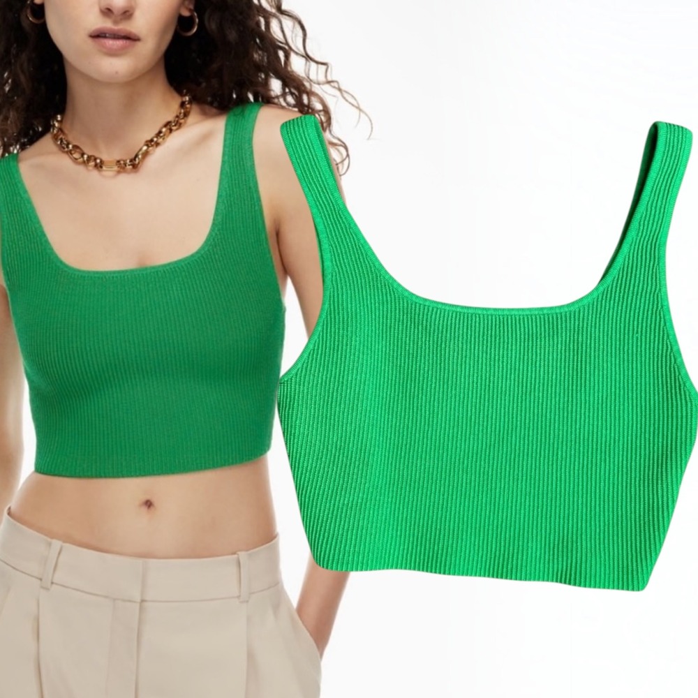 Babaton Sculpt Knit Crop Top Ribbed Square Neck Green M